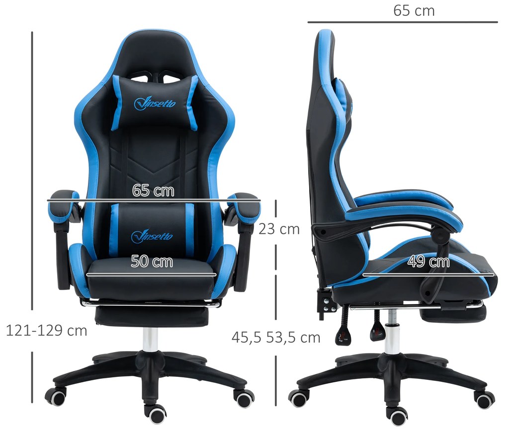 Vinsetto Bürostuhl, Gamingstuhl, 1 Kopfstütze, 1 Lendenstütze, Blau + Schwarz