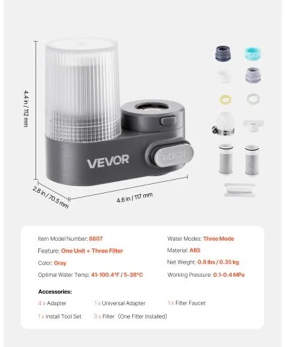 VEVOR Faucet Mount Water Filters Sink Water Purifier for Kitchen Gray Vertical