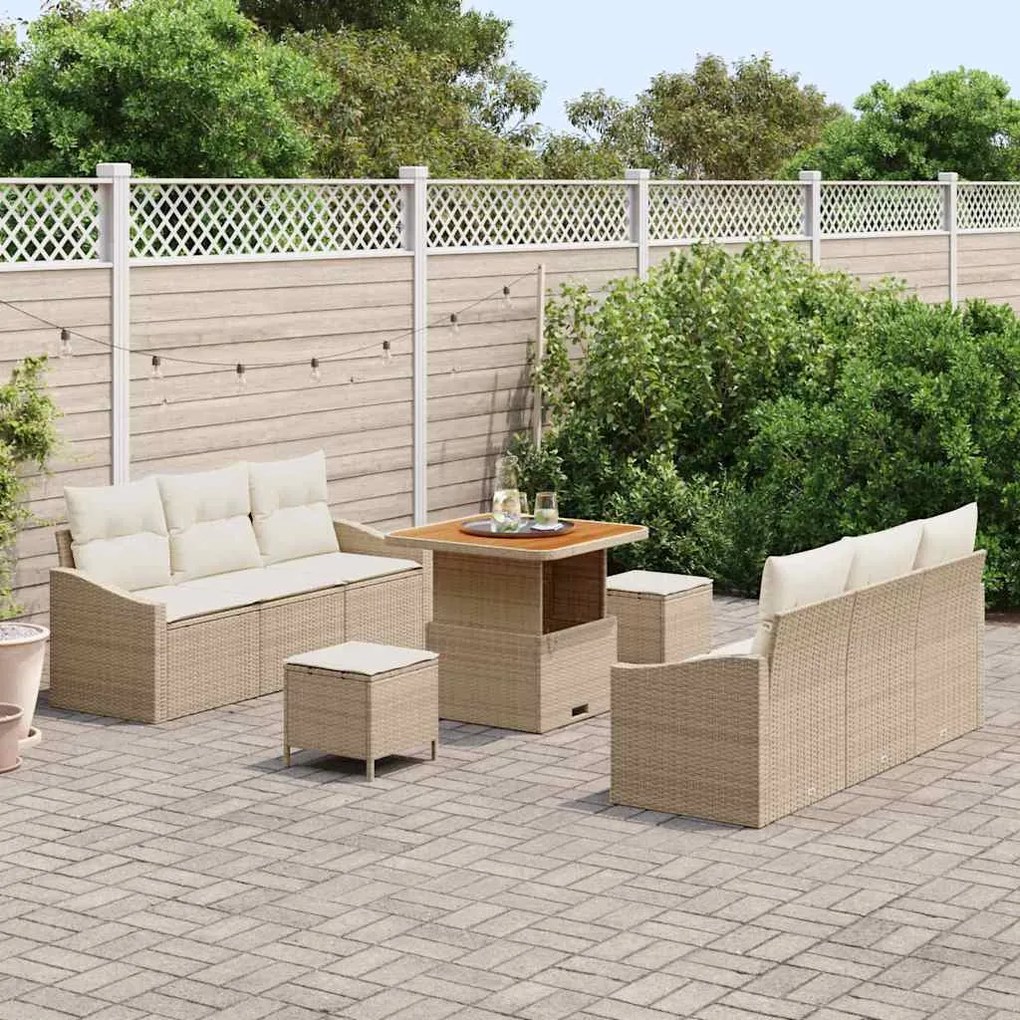 vidaXL Σετ Καναπέ Κήπου με μαξιλάρι 9 pcs Μπεζ Πολυ ράταν