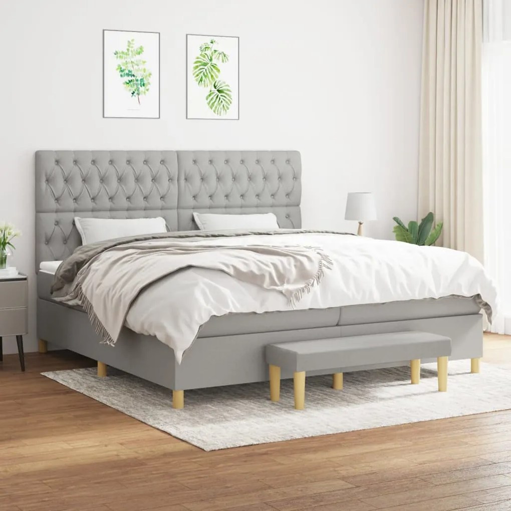 3137421 vidaXL Κρεβάτι Boxspring με Στρώμα Ανοιχτό Γκρι 200x200 εκ. Υφασμάτινο Γκρι, 1 Τεμάχιο