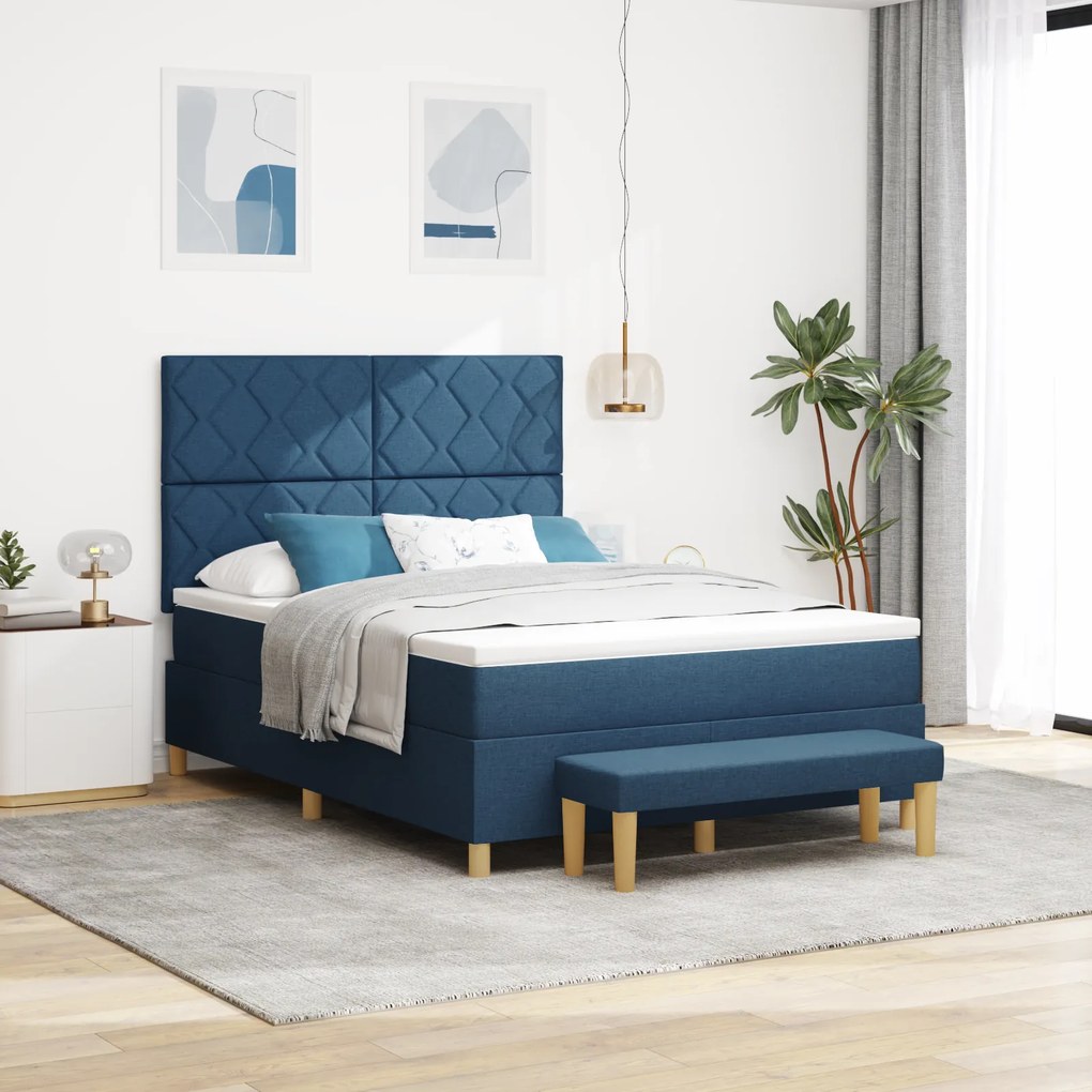 vidaXL Κρεβάτι Box Spring με Στρώμα & Πάγκο Μπλε 160x200 εκ. Ύφασμα