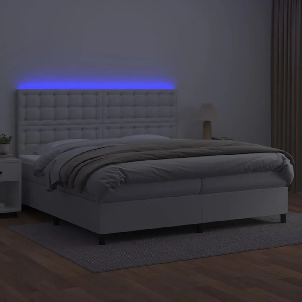 vidaXL Κρεβάτι Boxspring με Στρώμα & LED Λευκό 200x200 εκ. Συνθ. Δέρμα