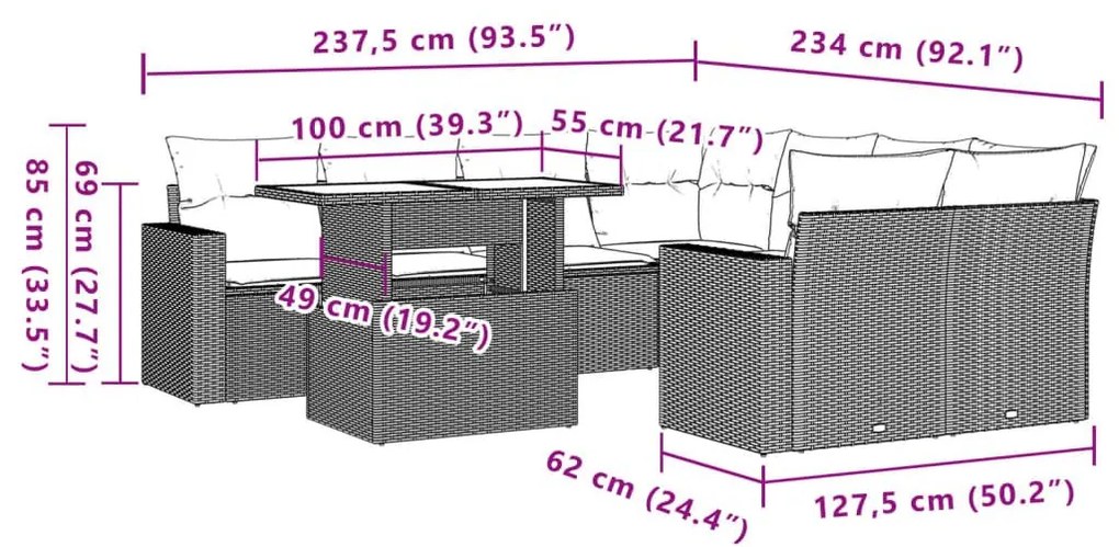 Σαλόνι Κήπου Σετ 9 Τεμαχίων Γκρι Συνθετικό Ρατάν με Μαξιλάρια - Γκρι