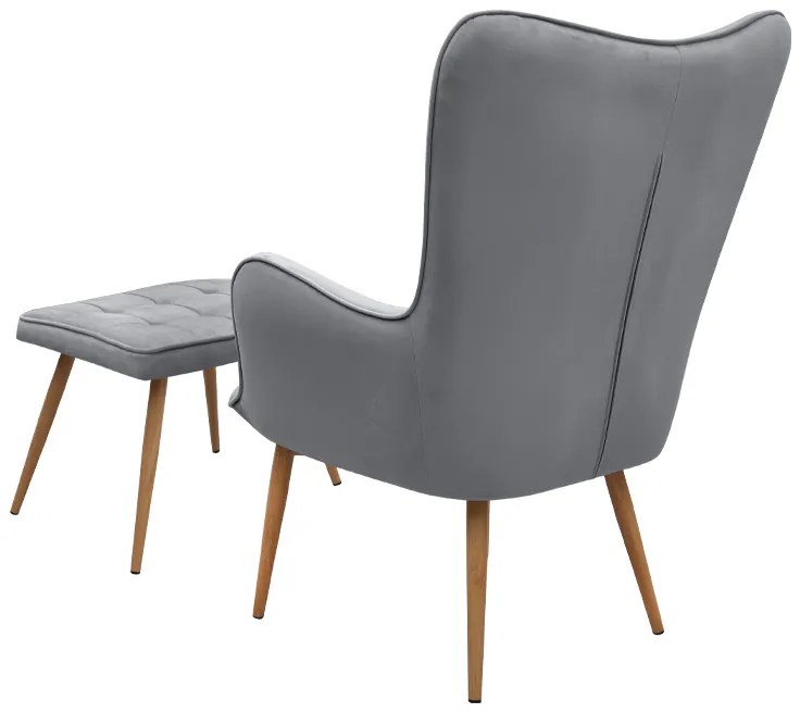 Πολυθρόνα - Μπερζέρα με υποπόδιο Lily Megapap γκρι βελούδο - μεταλλικό πόδι χρώμα φυσικό 70x62x98εκ.
