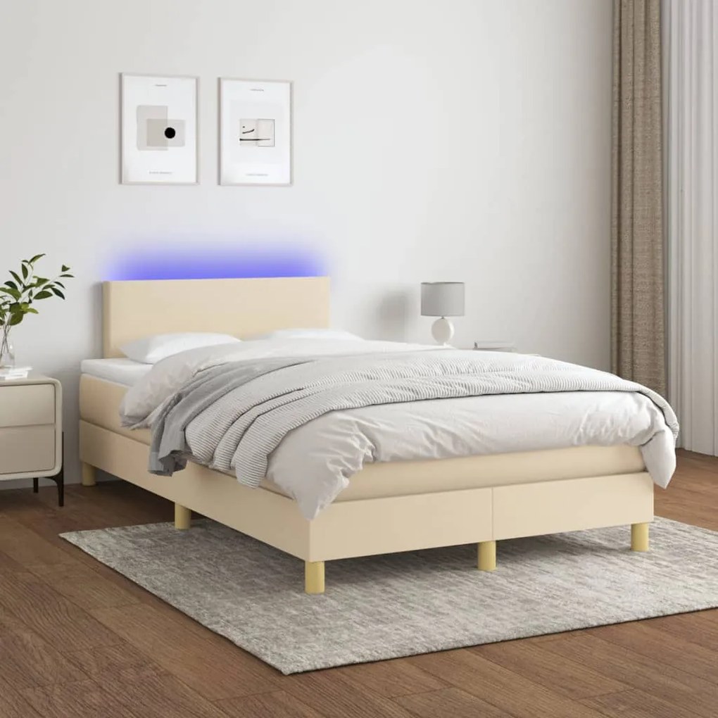 vidaXL Κρεβάτι Boxspring με Στρώμα &amp; LED Κρεμ 120x200 εκ. Υφασμάτινο