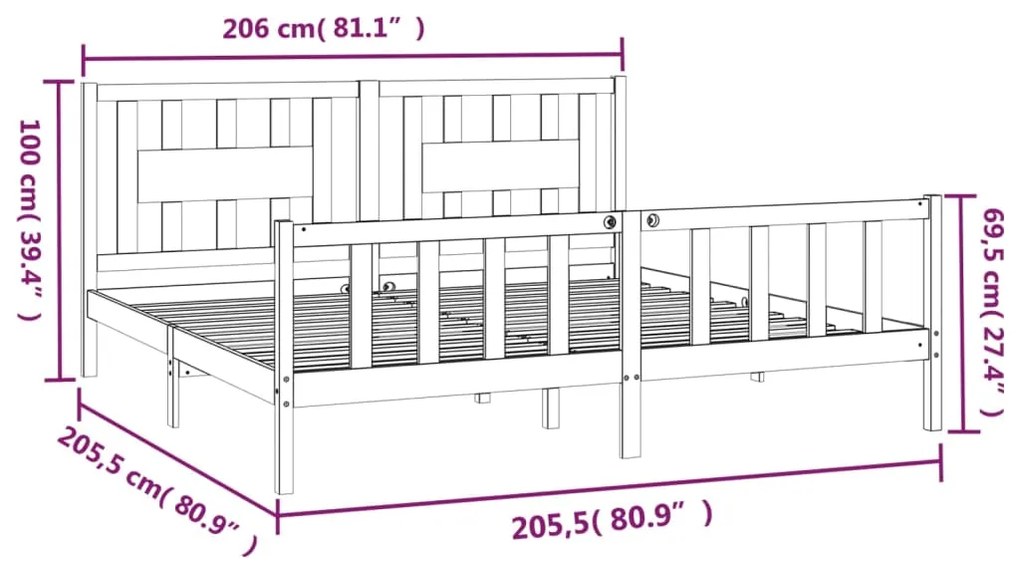 vidaXL Πλαίσιο Κρεβατιού με Κεφαλάρι Γκρι 200x200 εκ Μασίφ Ξύλο Πεύκου