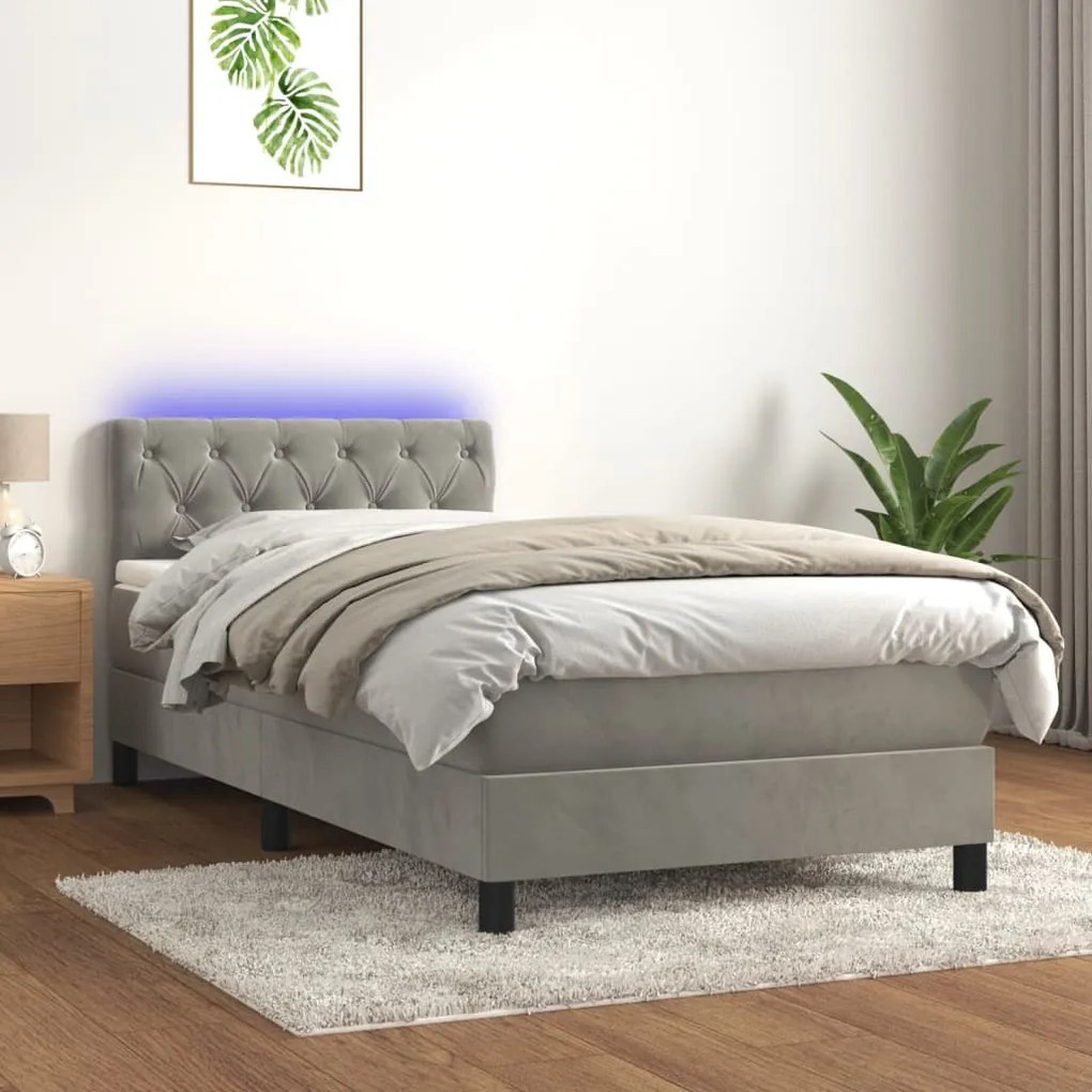 Κρεβάτι Boxspring με Στρώμα &amp; LED Αν.Γκρι 80x200 εκ. Βελούδινο - Γκρι