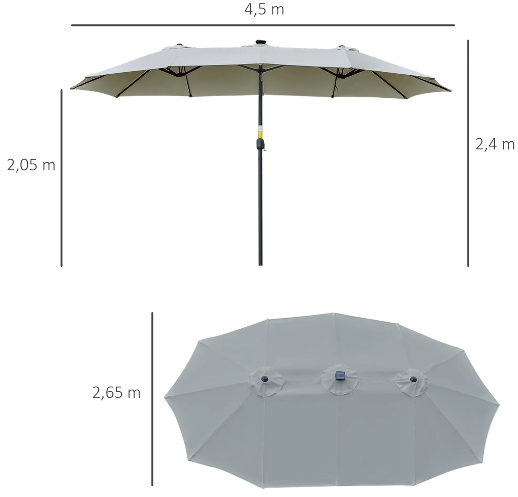 Ομπρέλα Outsunny με ηλιακό φωτισμό LED 4,5μ διπλή ομπρέλα κήπου ομπρέλα αγοράς ομπρέλα βεράντας οβάλ ανοιχτό γκρι+μαύρο