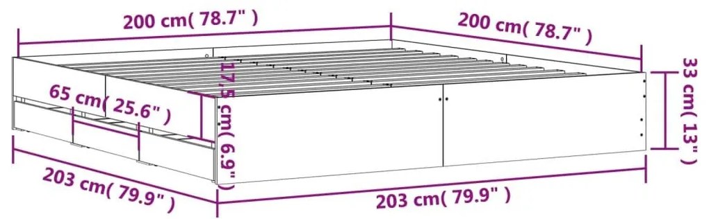 Πλαίσιο Κρεβατιού με Συρτάρια Μαύρο 200x200 εκ Επεξεργ. Ξύλο - Μαύρο