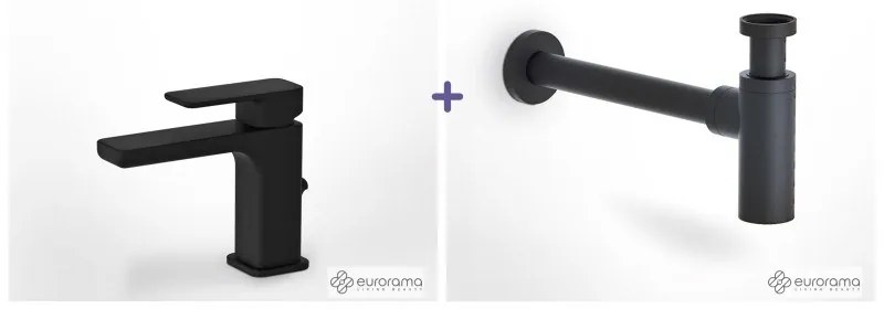 Eurorama Quadra Black Matt Μπαταρία Νιπτήρος με Aυτόματη Βαλβίδα+Σιφών 144310-400 R0262-400