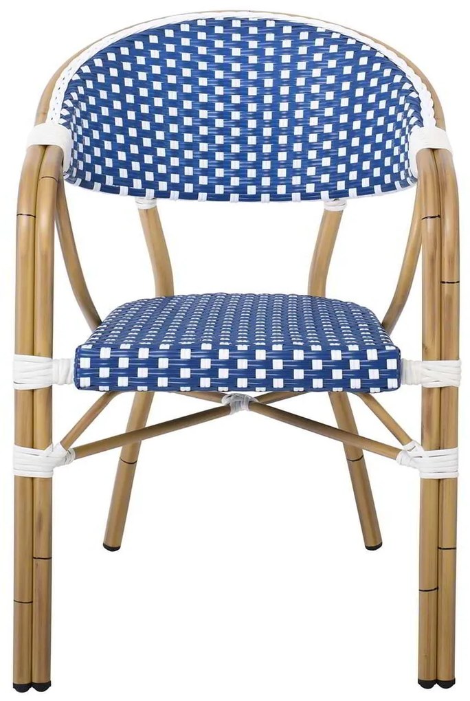 VEGERA Πολυθρόνα Dining Αλουμίνιο Φυσικό, Wicker Άσπρο - Μπλε, Στοιβαζόμενη