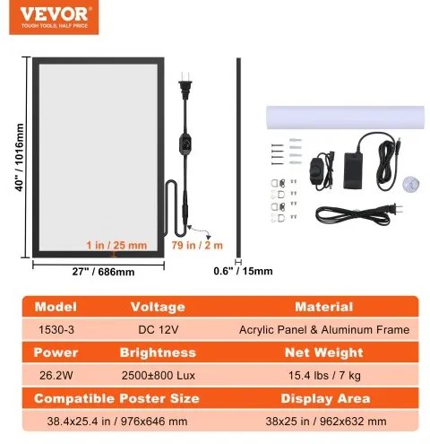VEVOR Picture Frame Poster Frame LED Light Box 962x632 mm Movie Posters Black