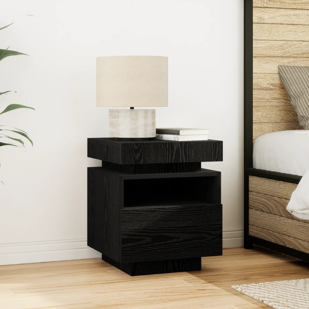 vidaXL Κομοδίνο με LED Φώτα 2 τμχ Μαύρο Δρυς 40x39x48,5 εκ