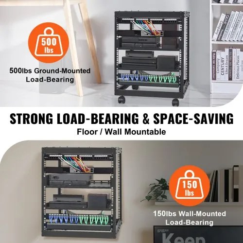 VEVOR 12U Open Frame Server Rack, 15&#039;&#039;-40&#039;&#039; Adjustable Depth, Free Standing or Wall Mount Network Server Rack, 4 Post AV Rack with Casters, Holds All Your Networking IT Equipment AV Gear Router Modem