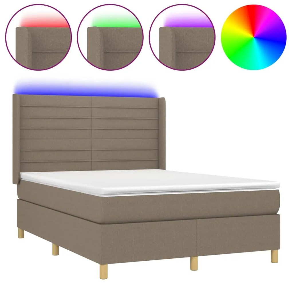vidaXL Κρεβάτι Boxspring με Στρώμα &amp; LED Taupe 140x200 εκ. Υφασμάτινο
