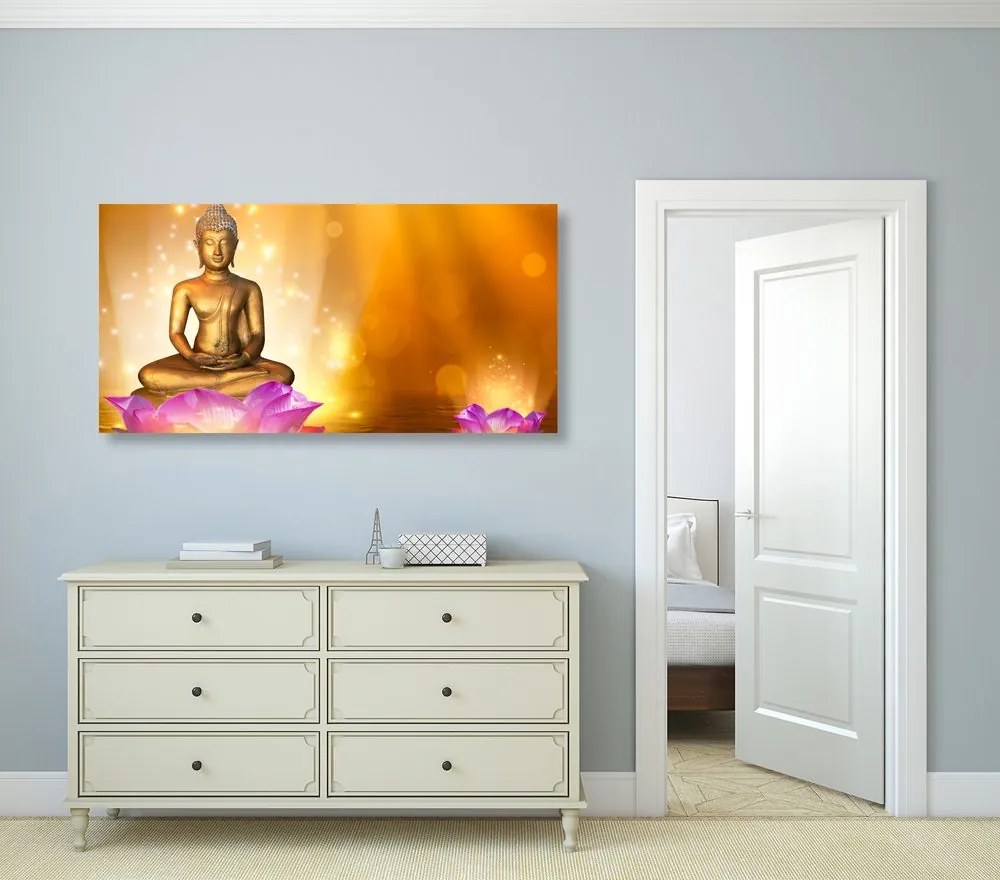 Εικόνα άγαλμα του Βούδα σε ένα λουλούδι λωτού - 100x50