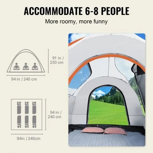 VEVOR SUV Camping Tent, 8&#039;-8&#039; SUV Tent Attachment for Camping with Rain Layer and Carry Bag, Waterproof PU2000mm Double Layer Truck Tent, Accommodate 6-8 Person, Rear Tent for Van Hatch Tailgate