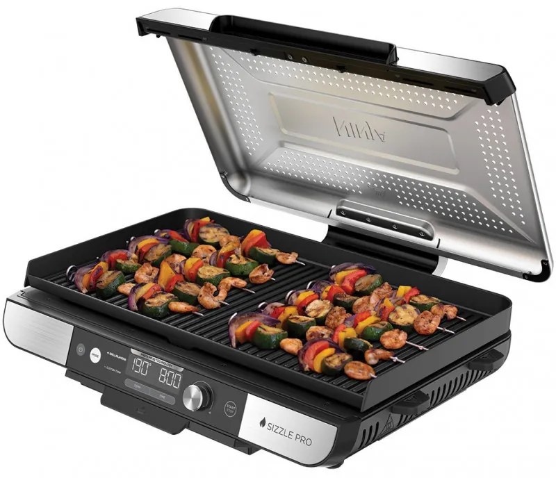 Ηλεκτρική ψησταριά Ninja Sizzle Pro XL GX101EU, 1800W, 120°-260°C, 2 κεραμικά πλόκια, 10 μπιφτέκια, ProTemp IQ, Swalajem kapak, Ceren/Inox