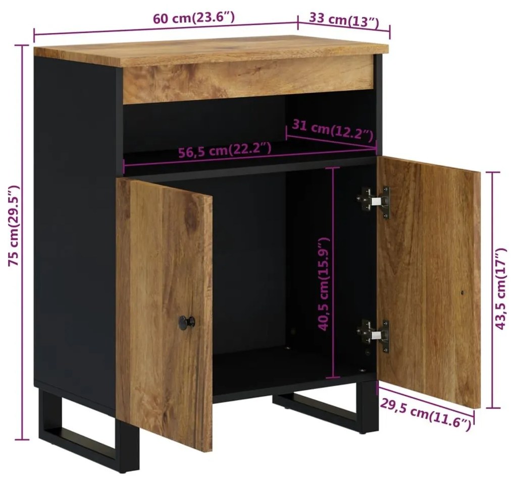 Ντουλάπι με 2 Πόρτες 60 x 33 x 75 εκ. από Μασίφ Ξύλο Μάνγκο - Καφέ