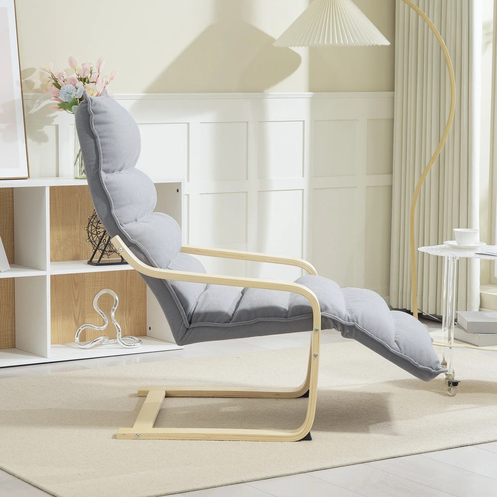 HOMCOM Πολυθρόνα Lounge από ξύλο σημύδας, Πολυθρόνα με ρυθμιζόμενο υποπόδιο, Μοντέρνα πολυθρόνα με μπράτσα, Ανοιχτό γκρι