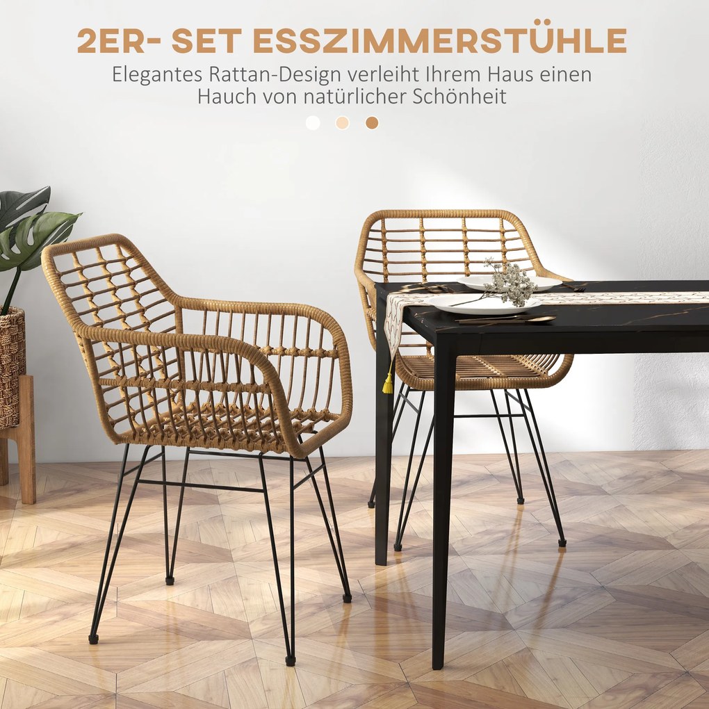 HOMCOM Σετ 2 καρεκλών σε στυλ Boho, καρέκλες κουζίνας, PE Rattan, 56 x 60 x 79 cm, Φυσικό + Μαύρο