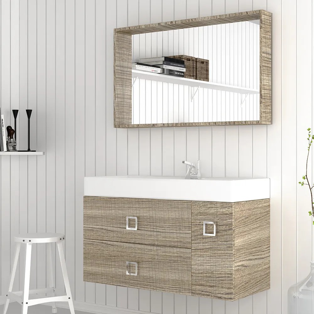 Orabella Touch 101 με μια Πόρτα και δύο Συρτάρια - Κρεμαστό Έπιπλο Μπάνιου με πορσελάνινο νιπτήρα Tecla και καθρέπτη Infinity 100 - 1000002662 - F60168