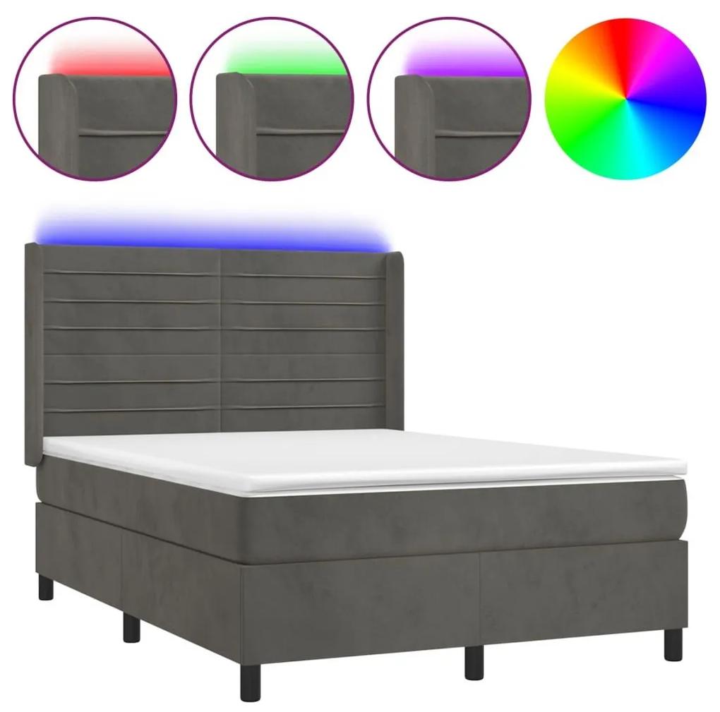 Κρεβάτι Boxspring με Στρώμα &amp; LED Σκ. Γκρι 140x200εκ. Βελούδινο - Γκρι