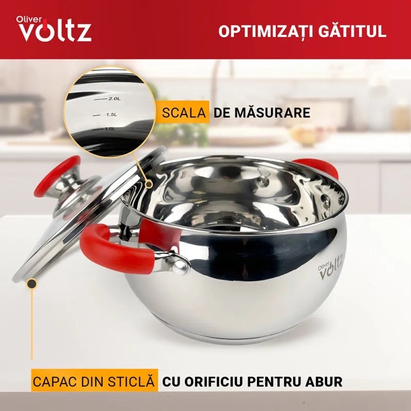 Κατσαρόλα Oliver Voltz OV51210N22, 22 cm, 4.6 l, Επαγωγή, Κόκκινες λαβές από σιλικόνη, Inox/Κόκκινος