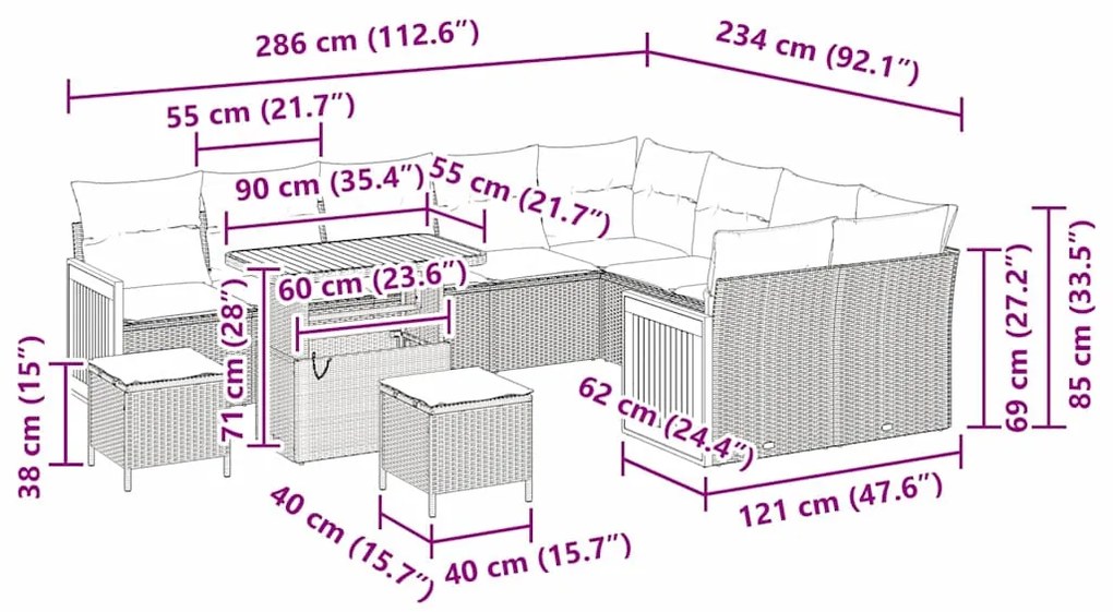 vidaXL Σετ Καναπέ Κήπου με μαξιλάρι 12 pcs Μαύρο 90 x 55 x 71 cm