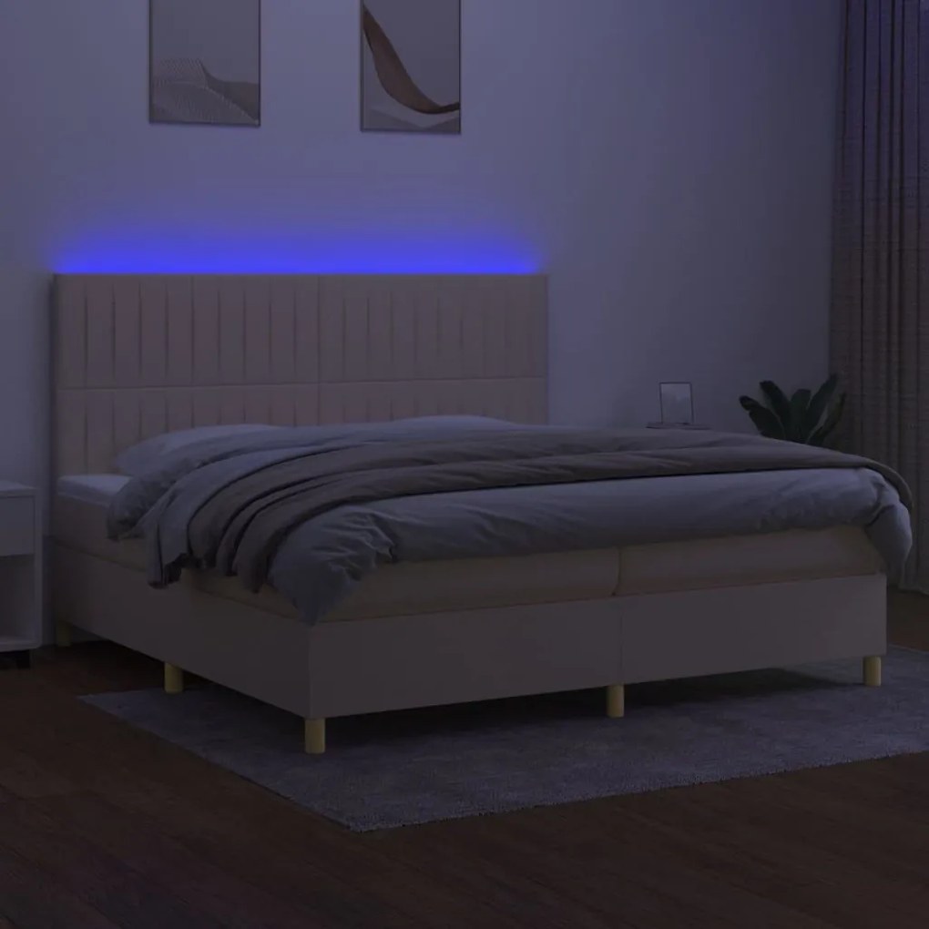 Κρεβάτι Boxspring με Στρώμα &amp; LED Κρεμ 200x200 εκ. Υφασμάτινο - Κρεμ