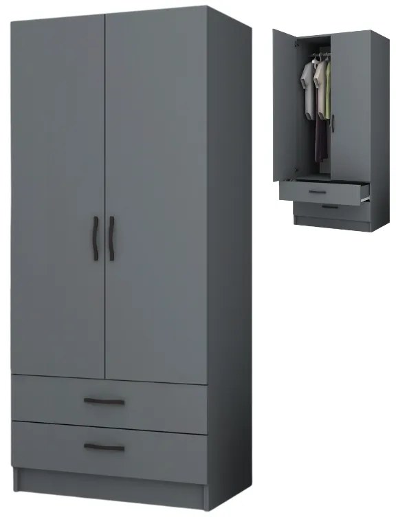 Ντουλάπα ρούχων Ricardo Megapap δίφυλλη με συρτάρια χρώμα ανθρακί 80x51,8x181εκ.