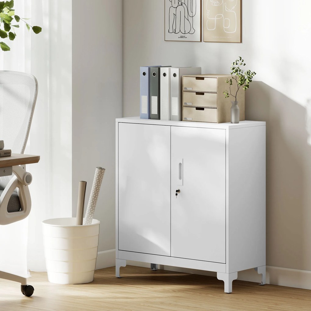 HOMCOM Μεταλλικό ντουλάπι γραφείου, κλειδώματος πόρτες, συρταριέρα γραφείου, σχεδιασμός 2 επιπέδων, Λευκό