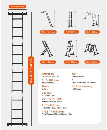 VEVOR Multi-Purpose Folding Ladder 7-in-1 3 Step 12ft with Scaffolding Plank
