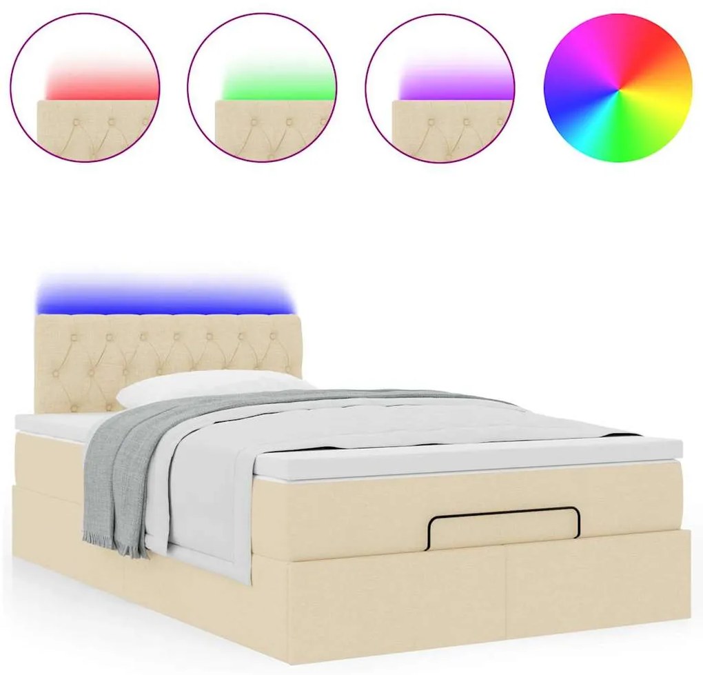 vidaXL Οθωμανικό κρεβάτι με στρώμα & LEDs Cream 120x190cm ύφασμα