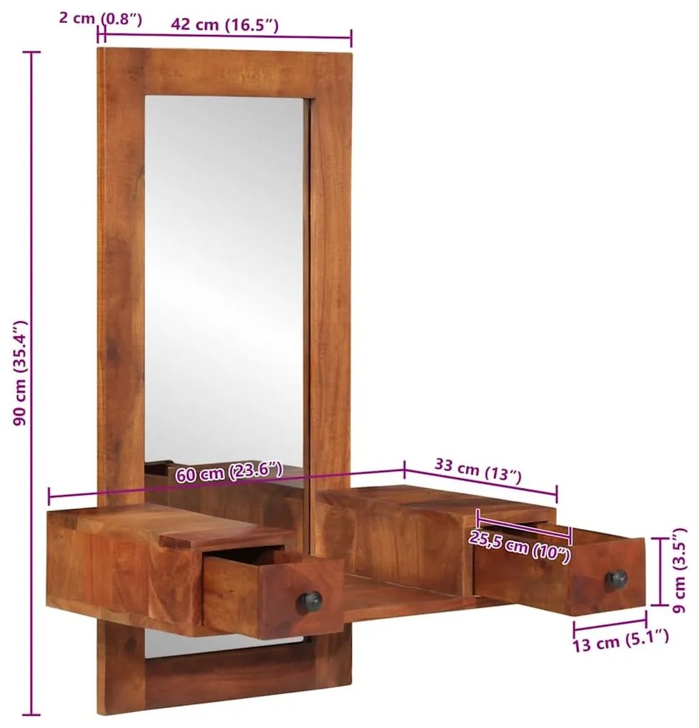 Καθρέπτης τοίχου με συρτάρια 60x33x90 cm Στερεό ξύλο ακακίας - Καφέ