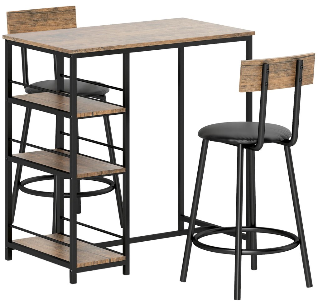 HOMCOM Σετ τραπεζαρίας 3 τεμαχίων με τραπέζι μπαρ και 2 καρέκλες, Μικρό σετ κουζίνας με πλαϊνά ράφια, MDF, Μέταλλο, Μαύρο