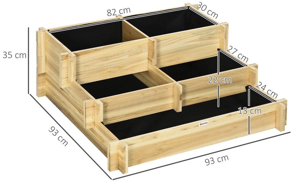 Outsunny Υπερυψωμένο παρτέρι, Γλάστρα, 3 επιπέδων, Άνοιγμα αποστράγγισης, Υφασμάτινη επένδυση, Φυσικό ξύλο, 93 x 93 x 35 cm
