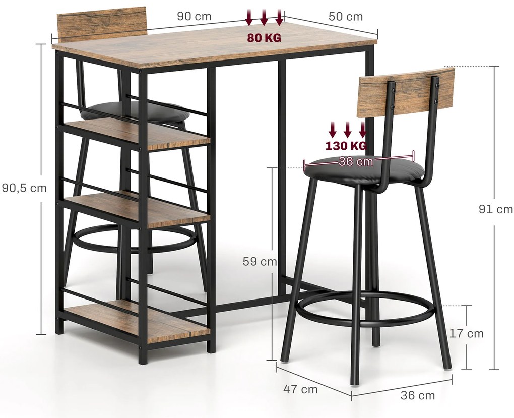 HOMCOM Σετ τραπεζαρίας 3 τεμαχίων με τραπέζι μπαρ και 2 καρέκλες, Μικρό σετ κουζίνας με πλαϊνά ράφια, MDF, Μέταλλο, Μαύρο