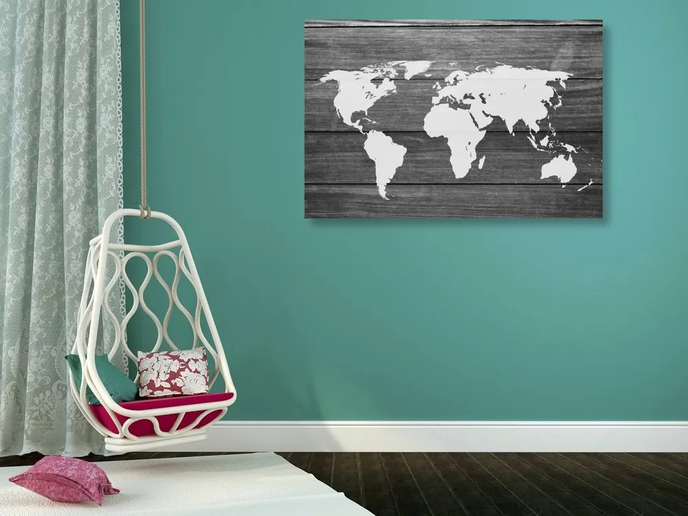 Εικόνα ενός ασπρόμαυρου παγκόσμιου χάρτη φελλού με ξύλινο φόντο - 90x60  flags