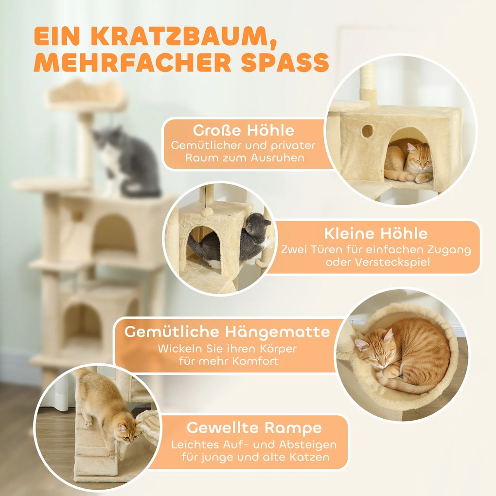 Δέντρο για γάτες 140 εκ. Πύργος για γάτες με αιώρα, σκάλα, σπηλιά, 2 μπάλες από βελούδο, στύλοι από σιζάλ, 48 x 48 x 140 εκ., Μπεζ