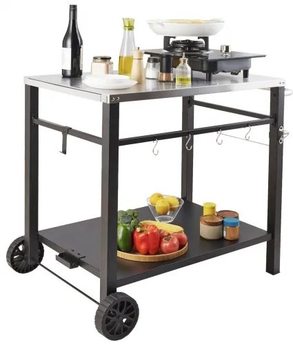 VEVOR Outdoor Grill Dining Cart with Double-Shelf, BBQ Movable Food Prep Table, Multifunctional Stainless Steel Table Top, Portable Modular Carts for Pizza Oven, Worktable with 2 Wheels, Carry Handle