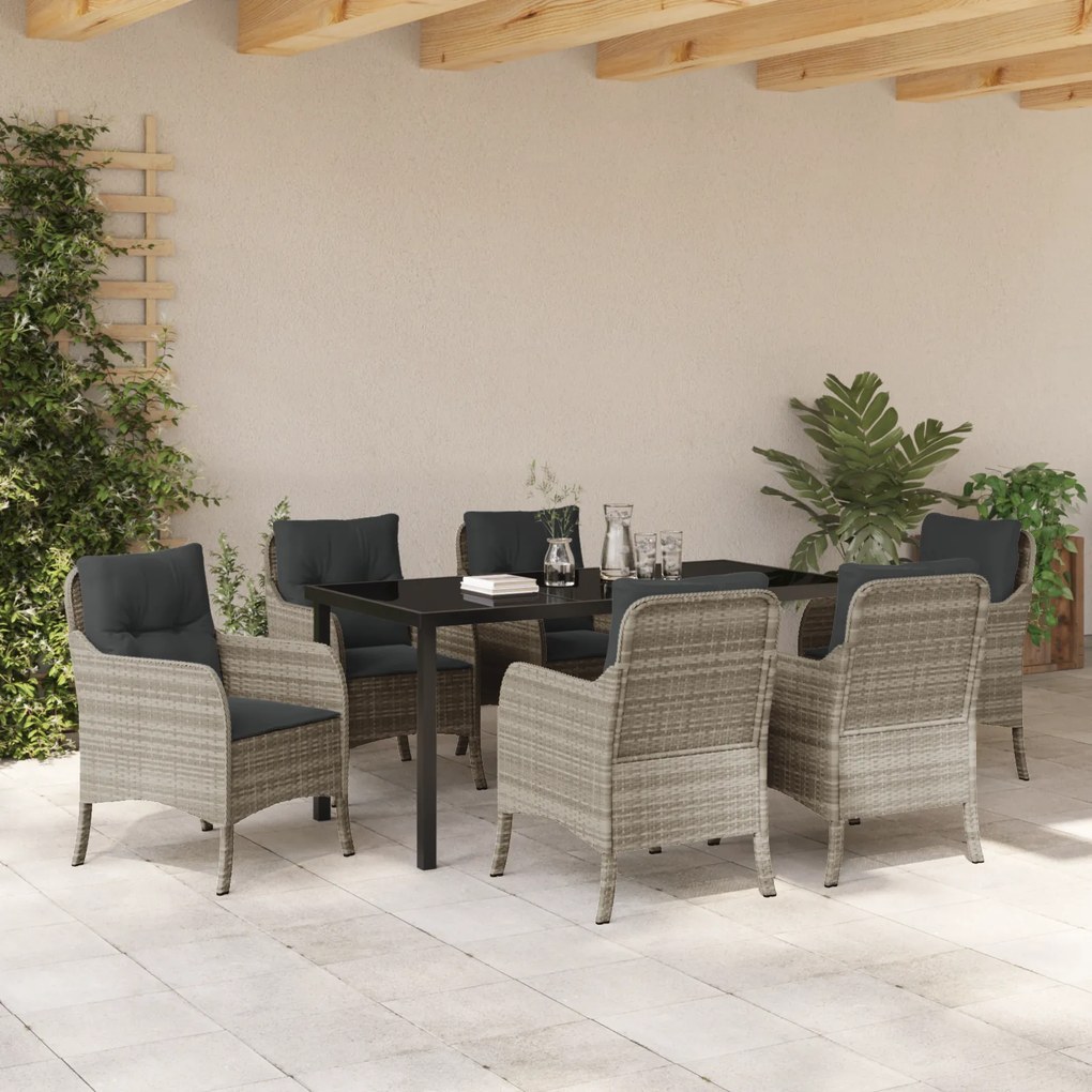 vidaXL Σέτ φαγητού για κήπο με μαξιλάρι 7 pcs Ανοιχτό γκρι Πολυ ράταν