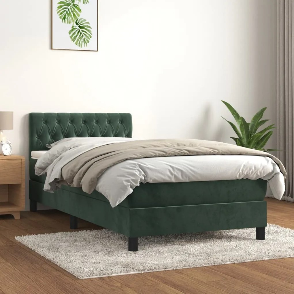 Κρεβάτι Boxspring με Στρώμα Σκούρο Πράσινο 90x190 εκ. Βελούδινο