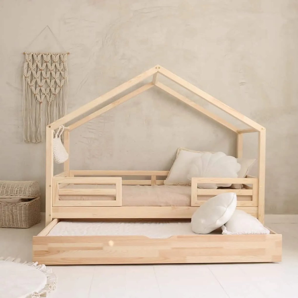 Κρεβάτι Παιδικό Montessori HouseBed Fello Plus με Αφαιρούμενα Κάγκελα 23cm  + Συρτάρι σε Φυσικό  Ξύλο  100×200cm  Luletto (Δώρο 10% έκπτωση στο Στρώμα)