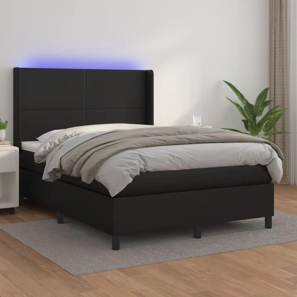 Κρεβάτι Boxspring με Στρώμα &amp; LED Μαύρο 140x200 εκ. Συνθ. Δέρμα - Μαύρο