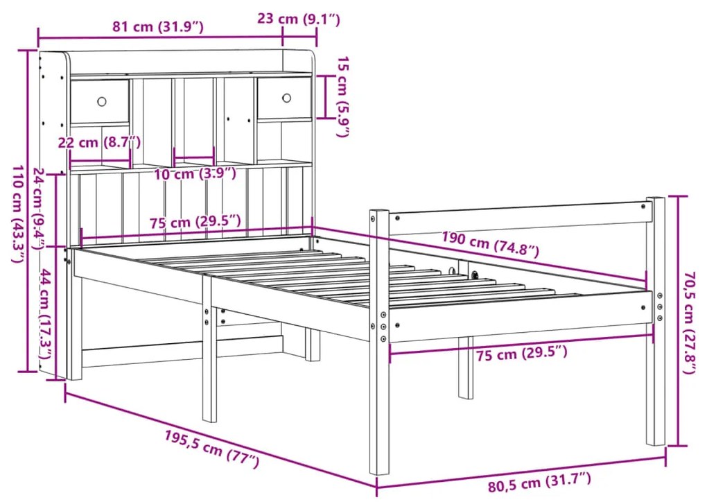 Κρεβάτι Βιβλιοθήκη Χωρίς Στρώμα 75x190 εκ Μασίφ Ξύλο Πεύκου - Καφέ