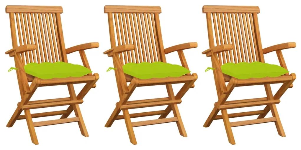 vidaXL Καρέκλες Κήπου 3 τεμ. Μασίφ Ξύλο Teak Φωτεινά Πράσινα Μαξιλάρια