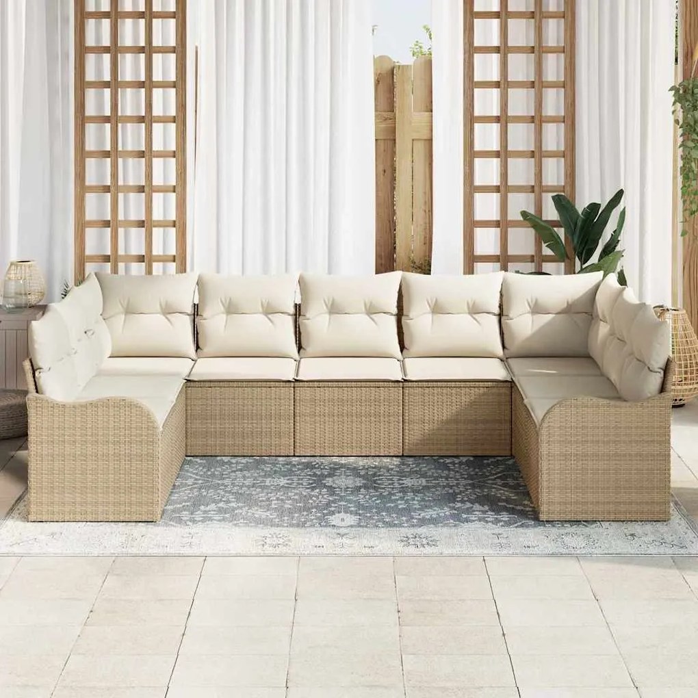 vidaXL Σετ Καναπέ Κήπου με μαξιλάρι 9 pcs Μπεζ Πολυ ράταν
