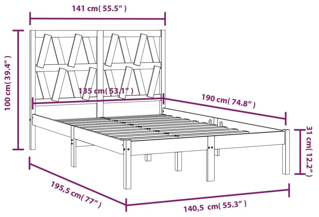 vidaXL Πλαίσιο Κρεβατιού 135 x 190 εκ. Μασίφ Ξύλο Πεύκου Double