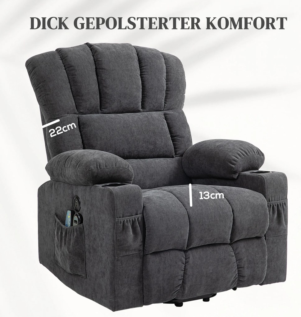 Ηλεκτρική πολυθρόνα ανύψωσης με λειτουργία μασάζ και θέρμανσης, θύρες USB, ποτηροθήκες, Σκούρο γκρι